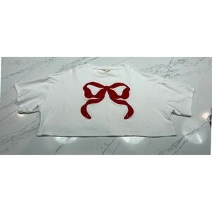 Peach Love Womens Cropped T-Shirt Red Rhinestone Bow Applique Large Oversized
